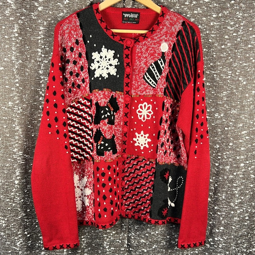 Studio Women's‎ Large Vintage Christmas Sweater 90s Red Snowflake Dog